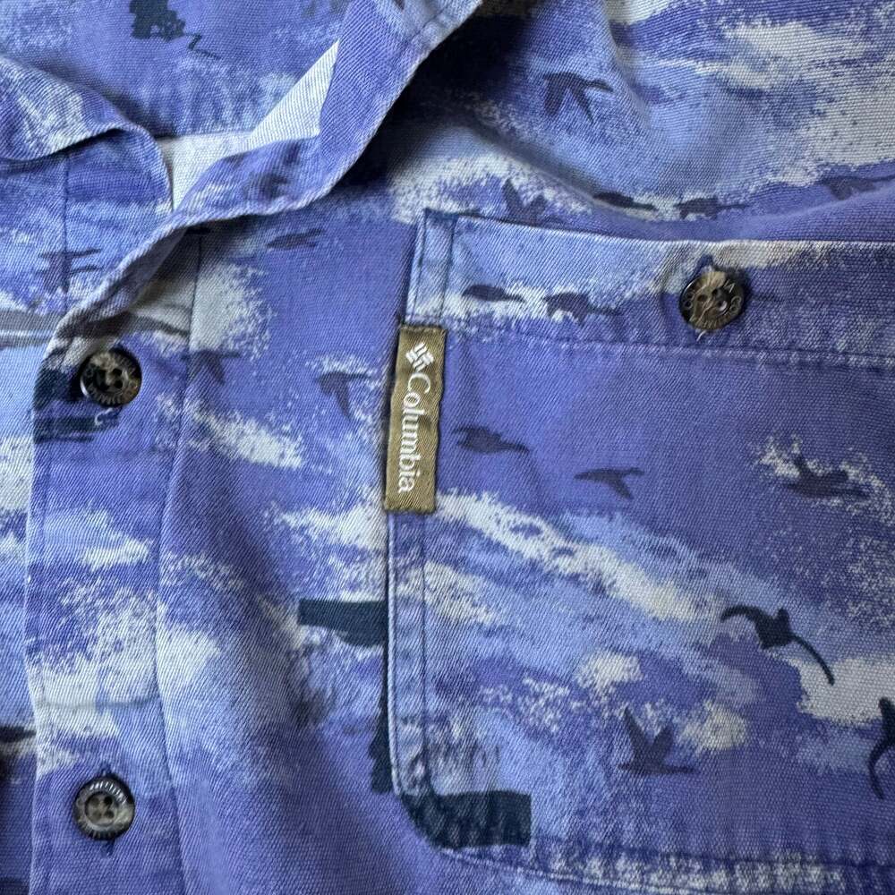 Columbia River Lodge Vintage Blue Mallard Flying Duck Camo Button Down Shirt